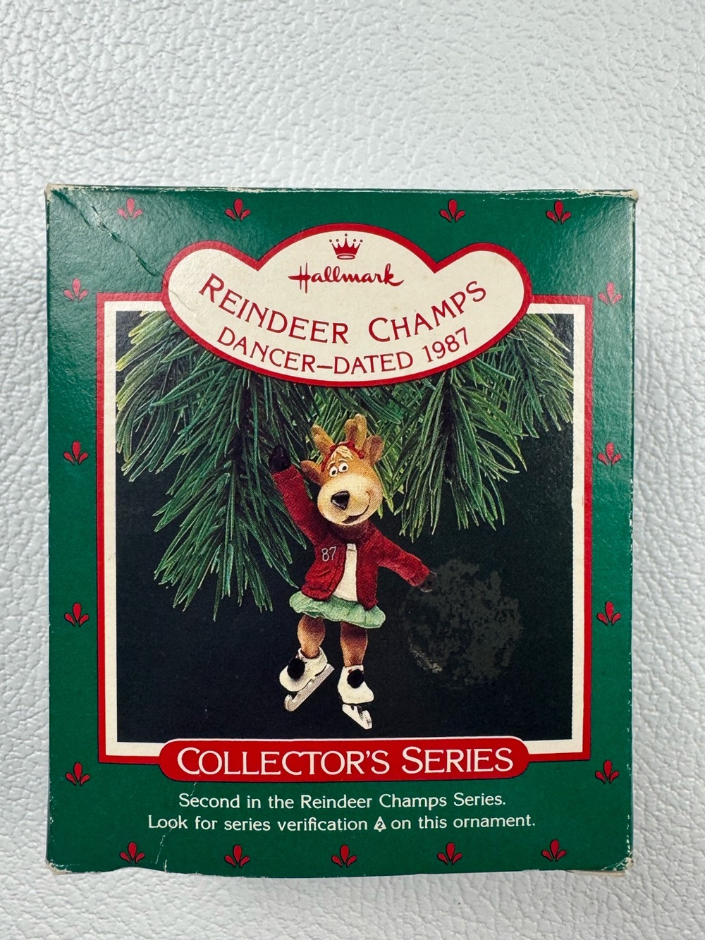 Vintage 1987 Hallmark Keepsake Reindeer Champs Dancer Ice Skating Ornament w/ Bo